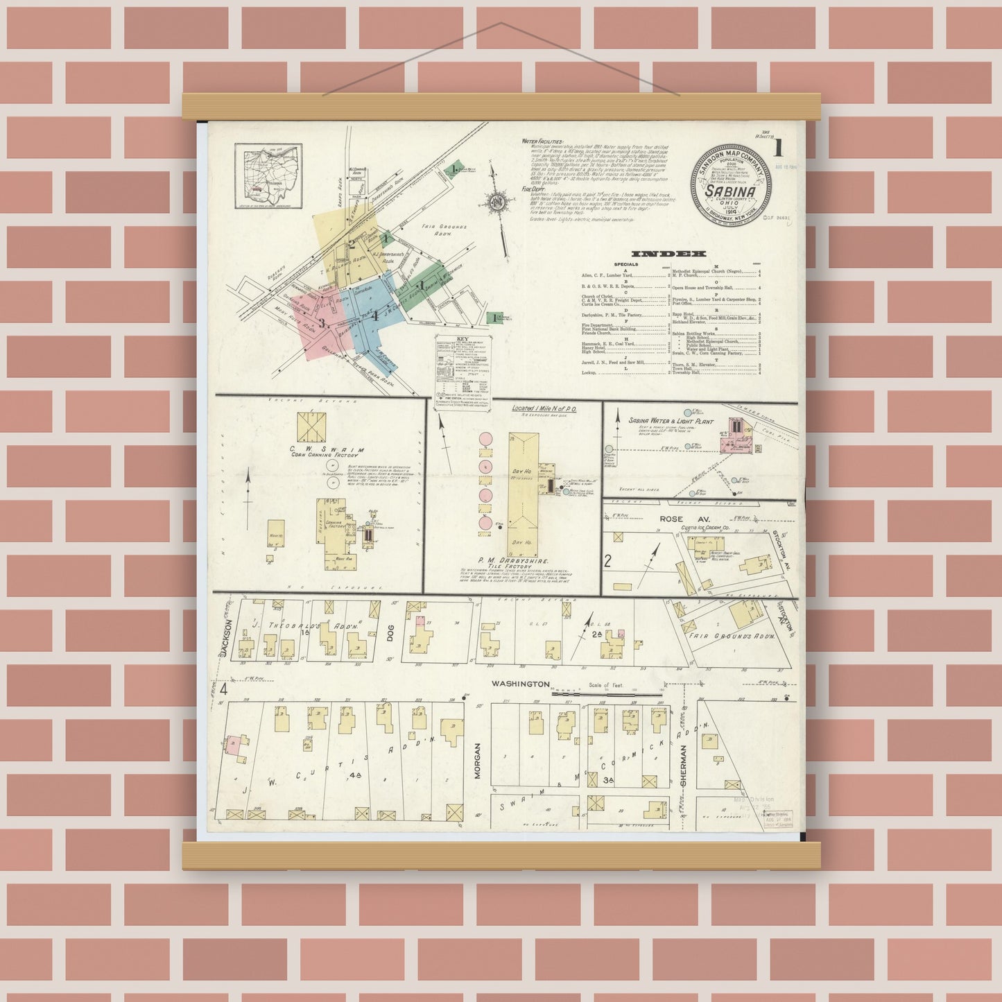Old map wall art mockup — magnetic wood frame on brick wall — Sanborn Fire Insurance Map from Sabina, Clinton County, Ohio (1914) - Complete Map Set