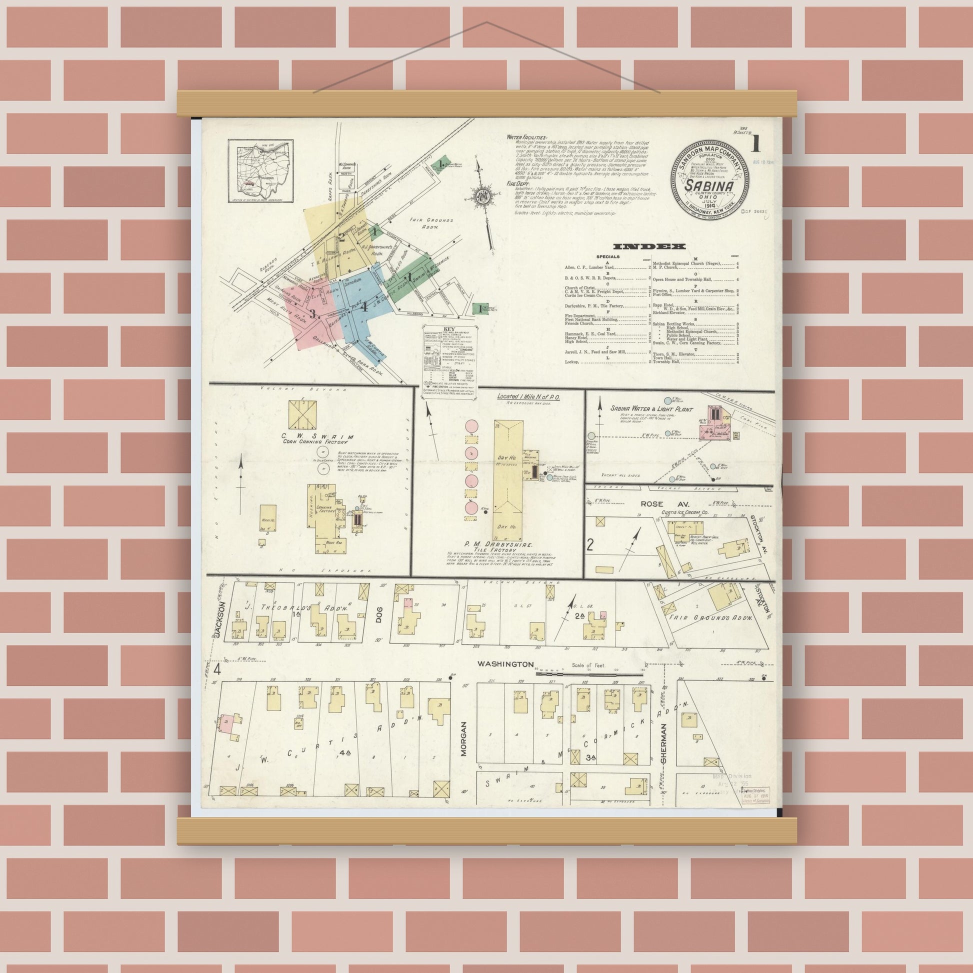 Old map wall art mockup — magnetic wood frame on brick wall — Sanborn Fire Insurance Map from Sabina, Clinton County, Ohio (1914) - Complete Map Set