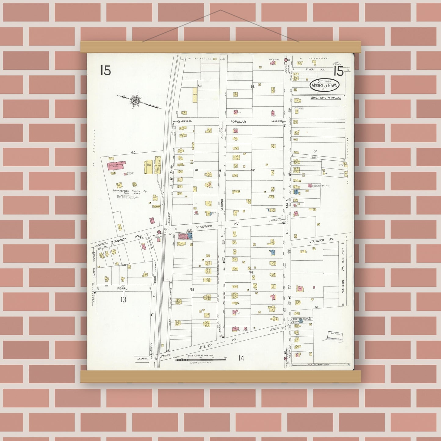 Old map wall art mockup — magnetic wood frame on brick wall — Sanborn Fire Insurance Map from Moorestown, Burlington County, New Jersey (1923), Sheet #0015