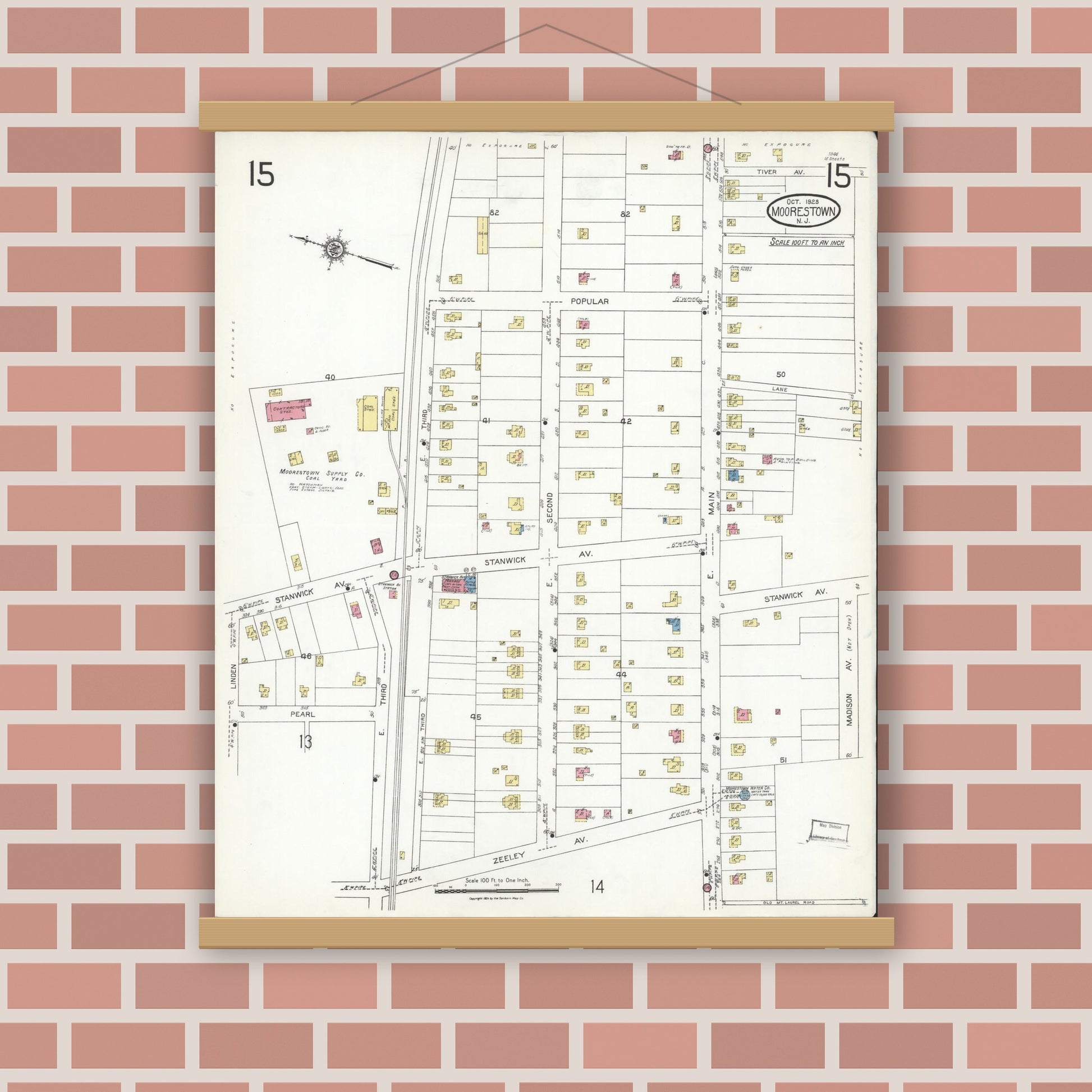 Old map wall art mockup — magnetic wood frame on brick wall — Sanborn Fire Insurance Map from Moorestown, Burlington County, New Jersey (1923), Sheet #0015