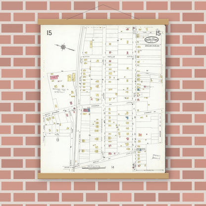 Old map wall art mockup — magnetic wood frame on brick wall — Sanborn Fire Insurance Map from Moorestown, Burlington County, New Jersey (1923), Sheet #0015