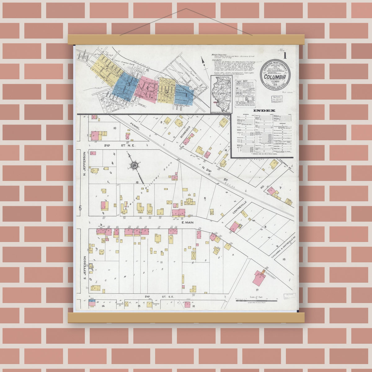 Old map wall art mockup — magnetic wood frame on brick wall — Sanborn Fire Insurance Map from Columbia, Monroe County, Illinois (1919), Sheet #0001