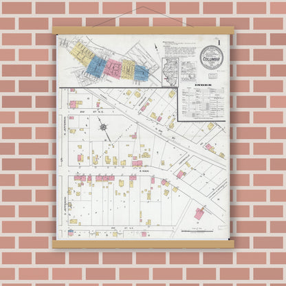 Old map wall art mockup — magnetic wood frame on brick wall — Sanborn Fire Insurance Map from Columbia, Monroe County, Illinois (1919), Sheet #0001