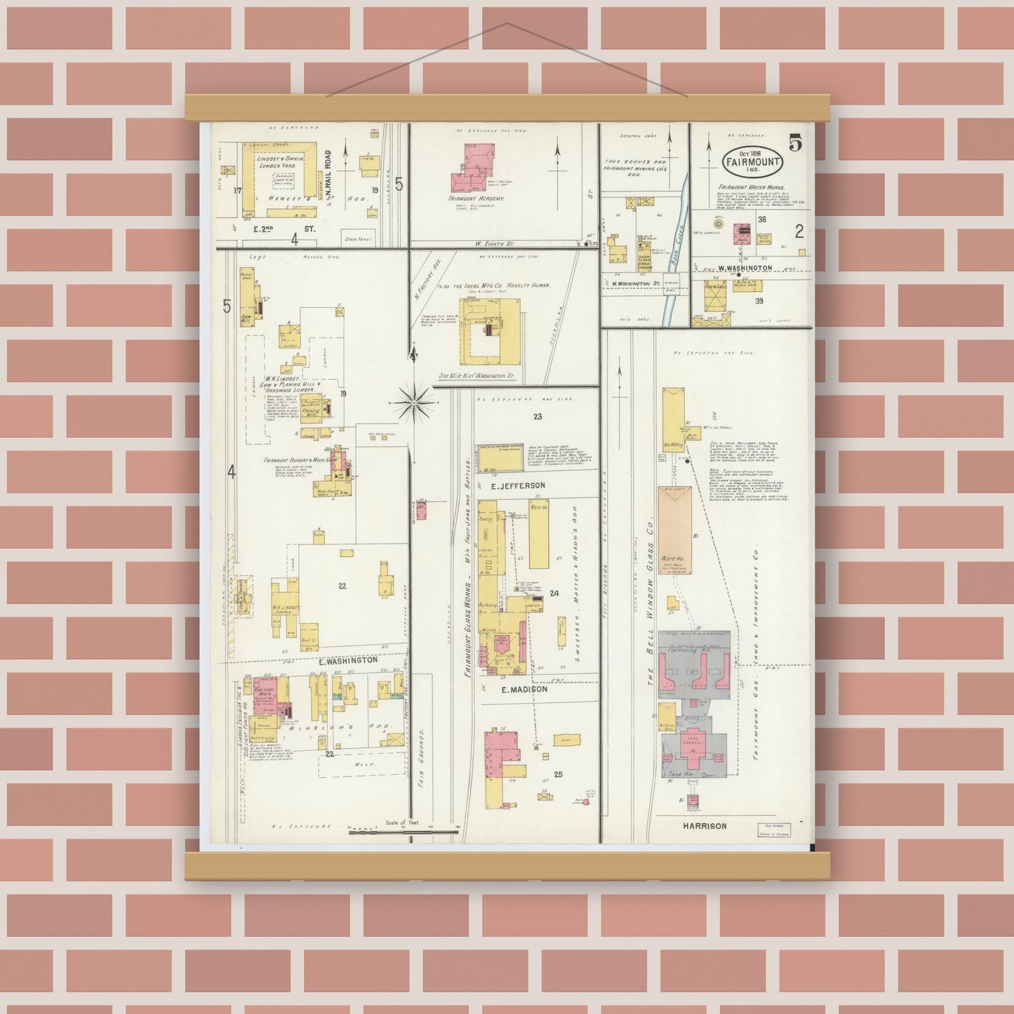 Old map wall art mockup — magnetic wood frame on brick wall — Sanborn Fire Insurance Map from Fairmount, Grant County, Indiana (1898), Sheet #0005
