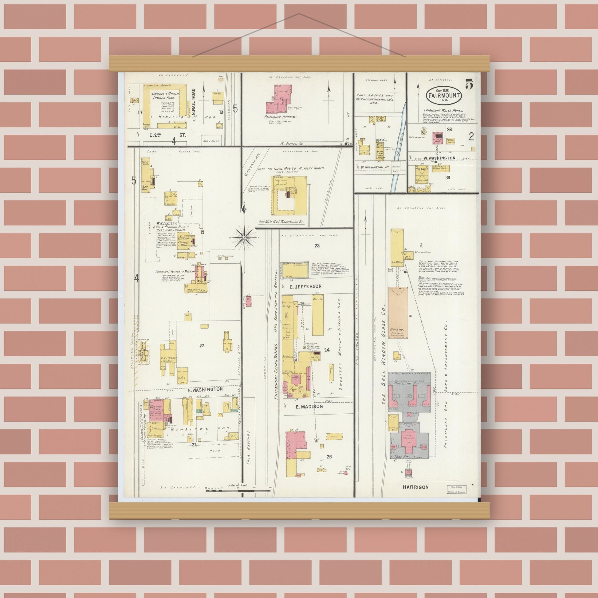 Old map wall art mockup — magnetic wood frame on brick wall — Sanborn Fire Insurance Map from Fairmount, Grant County, Indiana (1898), Sheet #0005