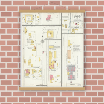 Old map wall art mockup — magnetic wood frame on brick wall — Sanborn Fire Insurance Map from Fairmount, Grant County, Indiana (1898), Sheet #0005