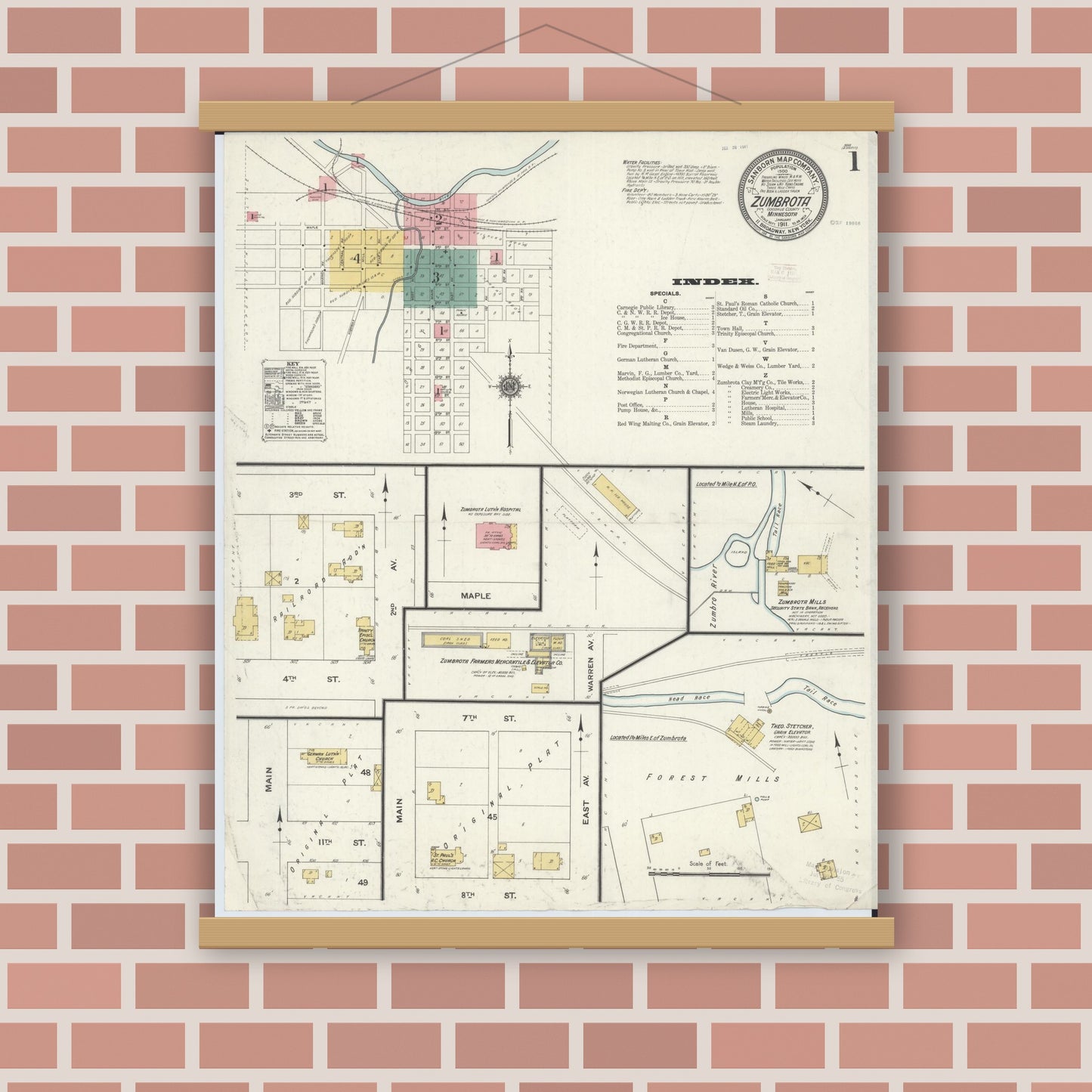 Old map wall art mockup — magnetic wood frame on brick wall — Sanborn Fire Insurance Map from Zumbrota, Goodhue County, Minnesota (1911), Sheet #0001
