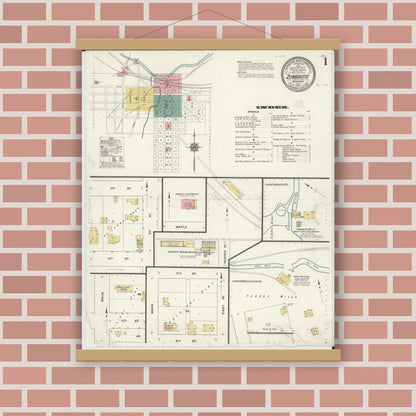 Old map wall art mockup — magnetic wood frame on brick wall — Sanborn Fire Insurance Map from Zumbrota, Goodhue County, Minnesota (1911), Sheet #0001