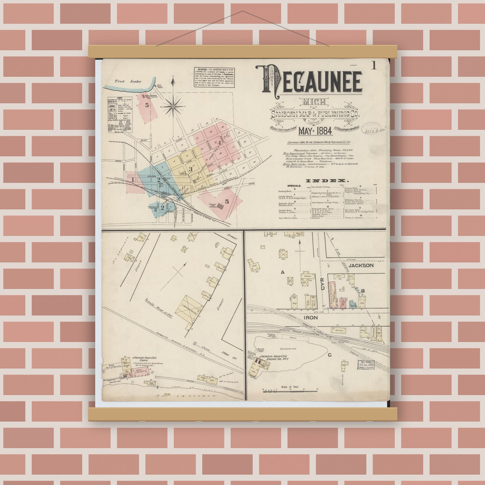Old map wall art mockup — magnetic wood frame on brick wall — Sanborn Fire Insurance Map from Negaunee, Marquette County, Michigan (1884) - Complete Map Set