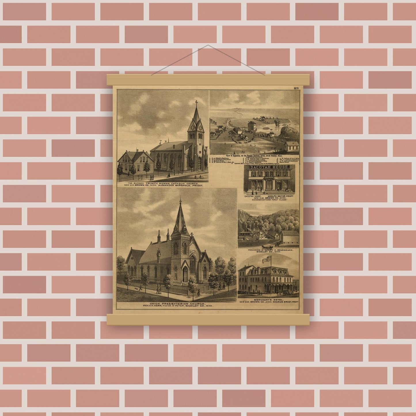 Old map wall art mockup — magnetic wood frame on brick wall — An illustrated historical atlas of the state of Minnesota (1874)