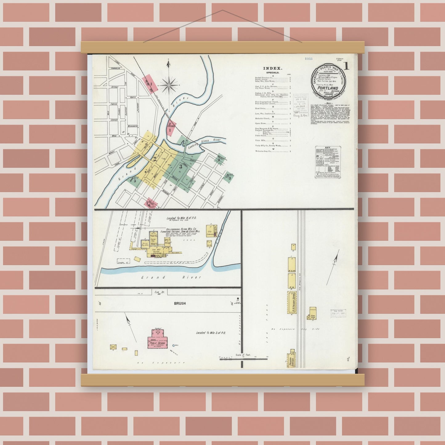 Old map wall art mockup — magnetic wood frame on brick wall — Sanborn Fire Insurance Map from Portland, Ionia County, Michigan (1900) - Complete Map Set
