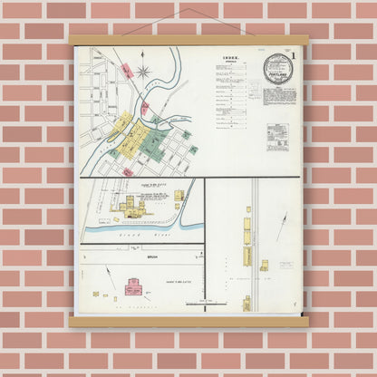 Old map wall art mockup — magnetic wood frame on brick wall — Sanborn Fire Insurance Map from Portland, Ionia County, Michigan (1900) - Complete Map Set