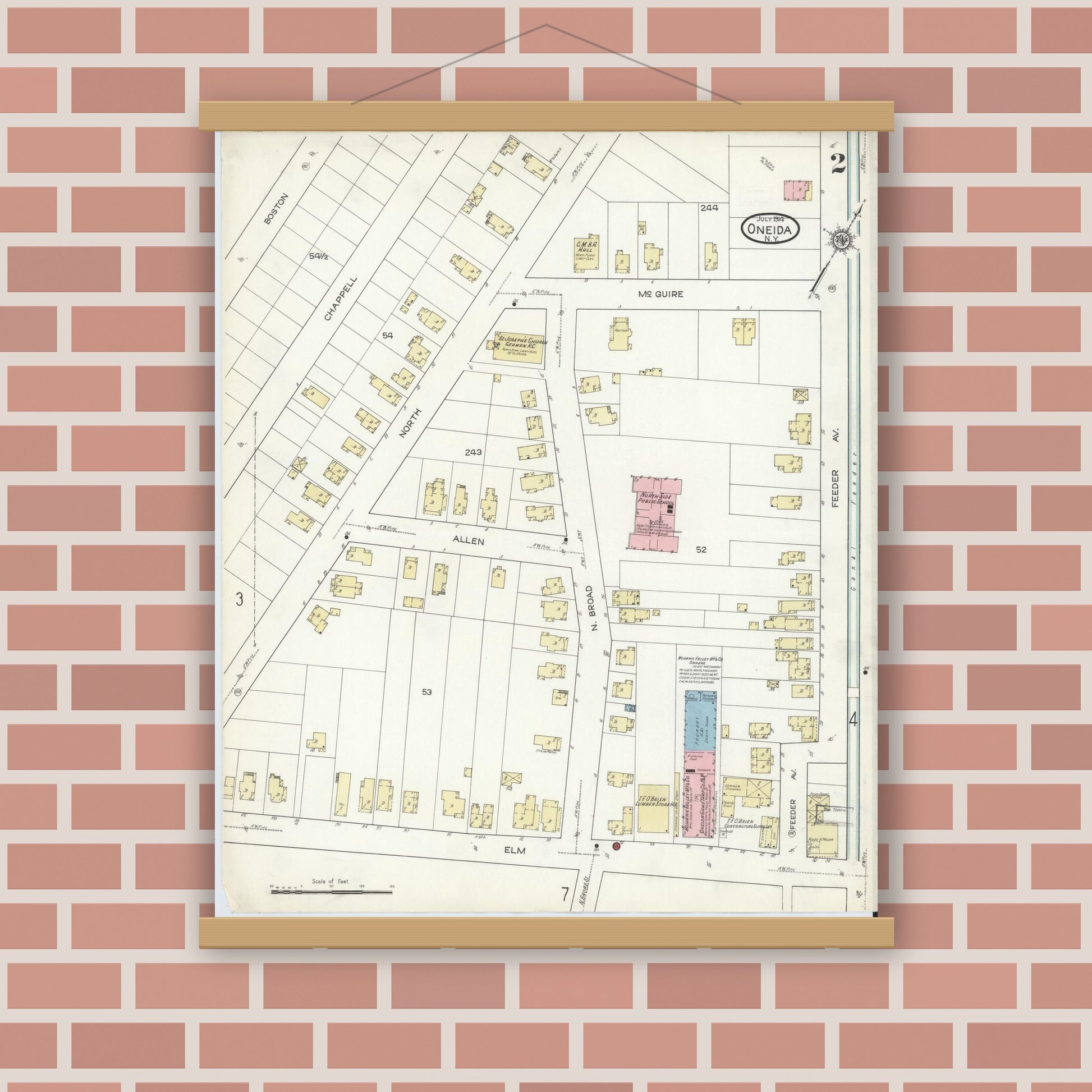 Old map wall art mockup — magnetic wood frame on brick wall — Sanborn Fire Insurance Map from Oneida, Madison County, New York (1914) - Complete Map Set