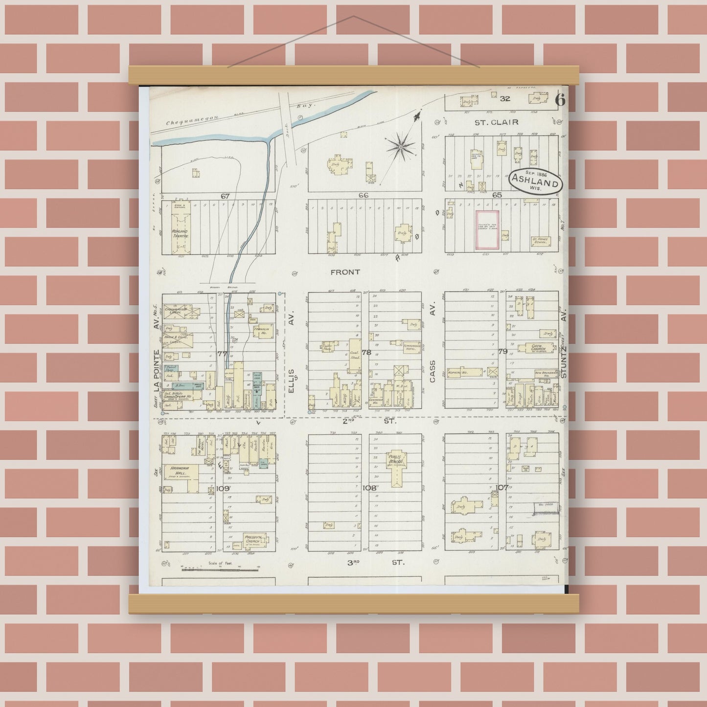 Old map wall art mockup — magnetic wood frame on brick wall — Sanborn Fire Insurance Map from Ashland, Ashland County, Wisconsin (1886), Sheet #0006