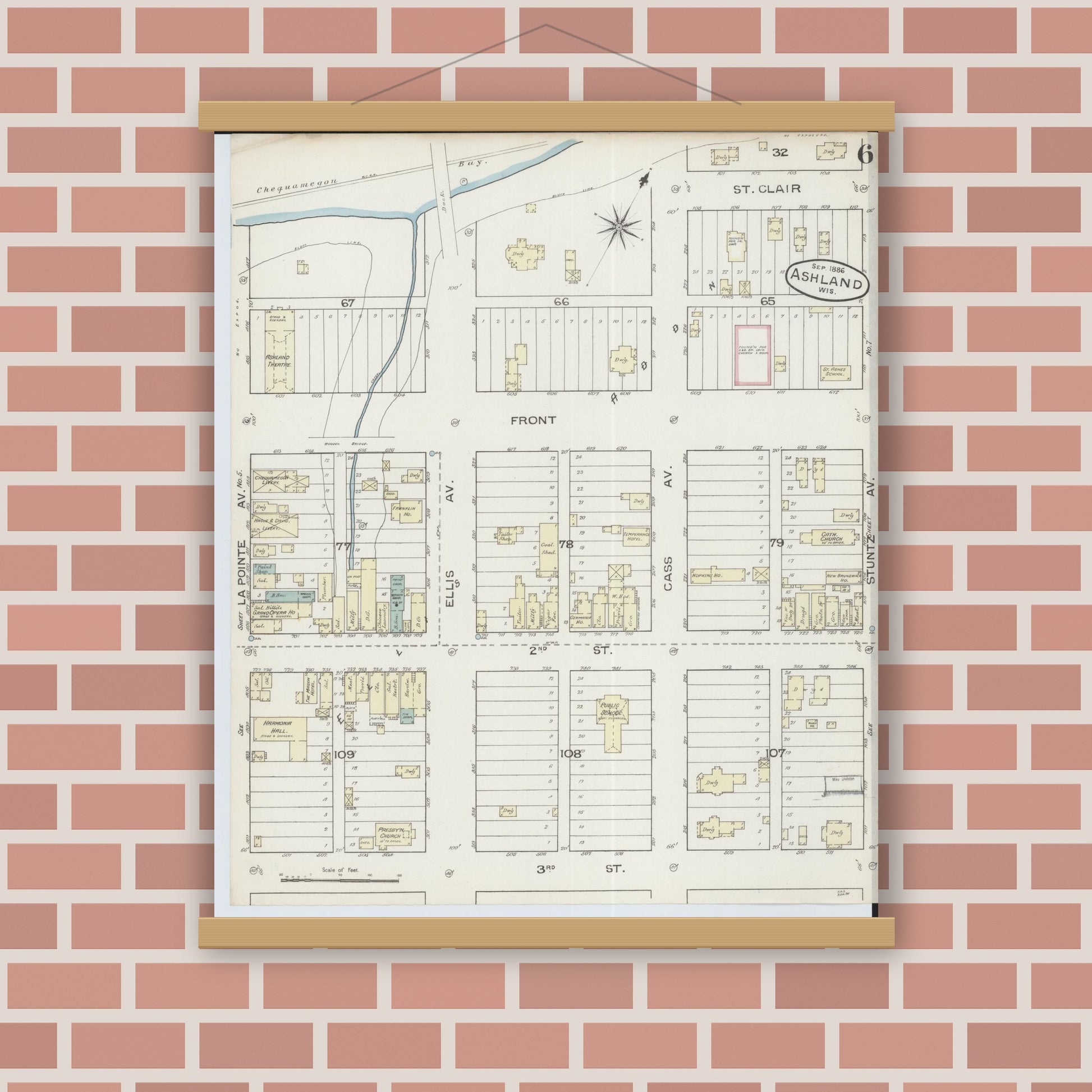 Old map wall art mockup — magnetic wood frame on brick wall — Sanborn Fire Insurance Map from Ashland, Ashland County, Wisconsin (1886), Sheet #0006