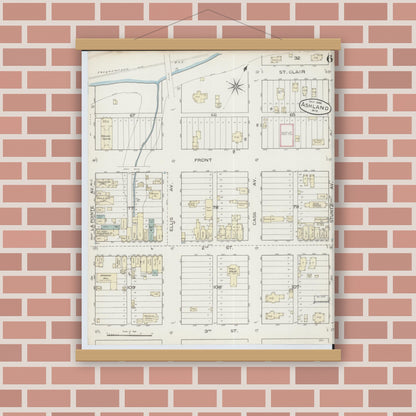 Old map wall art mockup — magnetic wood frame on brick wall — Sanborn Fire Insurance Map from Ashland, Ashland County, Wisconsin (1886), Sheet #0006