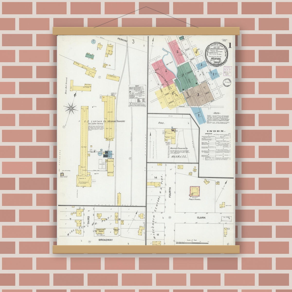 Old map wall art mockup — magnetic wood frame on brick wall — Sanborn Fire Insurance Map from Medford, Taylor County, Wisconsin (1901), Sheet #0001