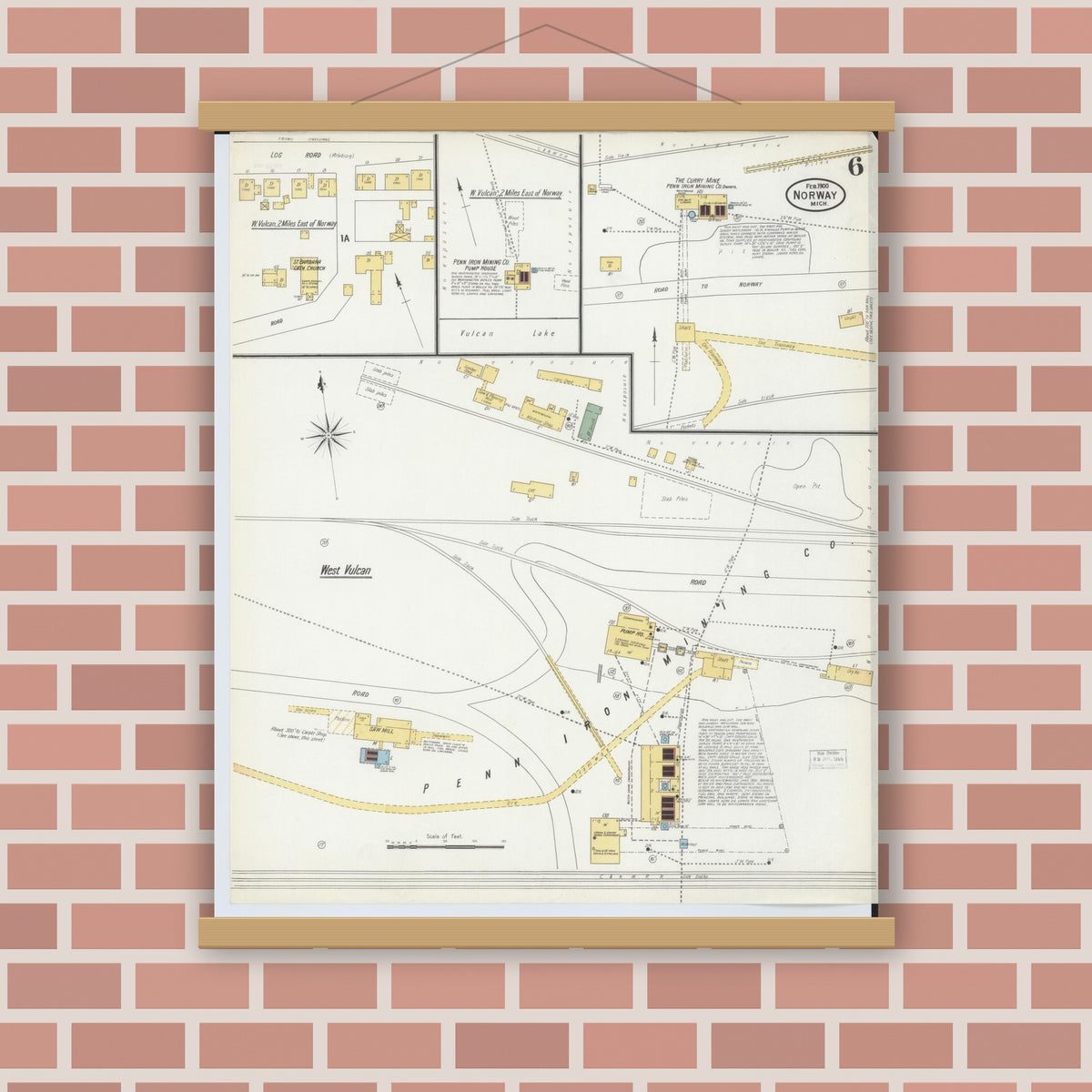 Old map wall art mockup — magnetic wood frame on brick wall — Sanborn Fire Insurance Map from Norway, Dickinson County, Michigan (1900), Sheet #0006