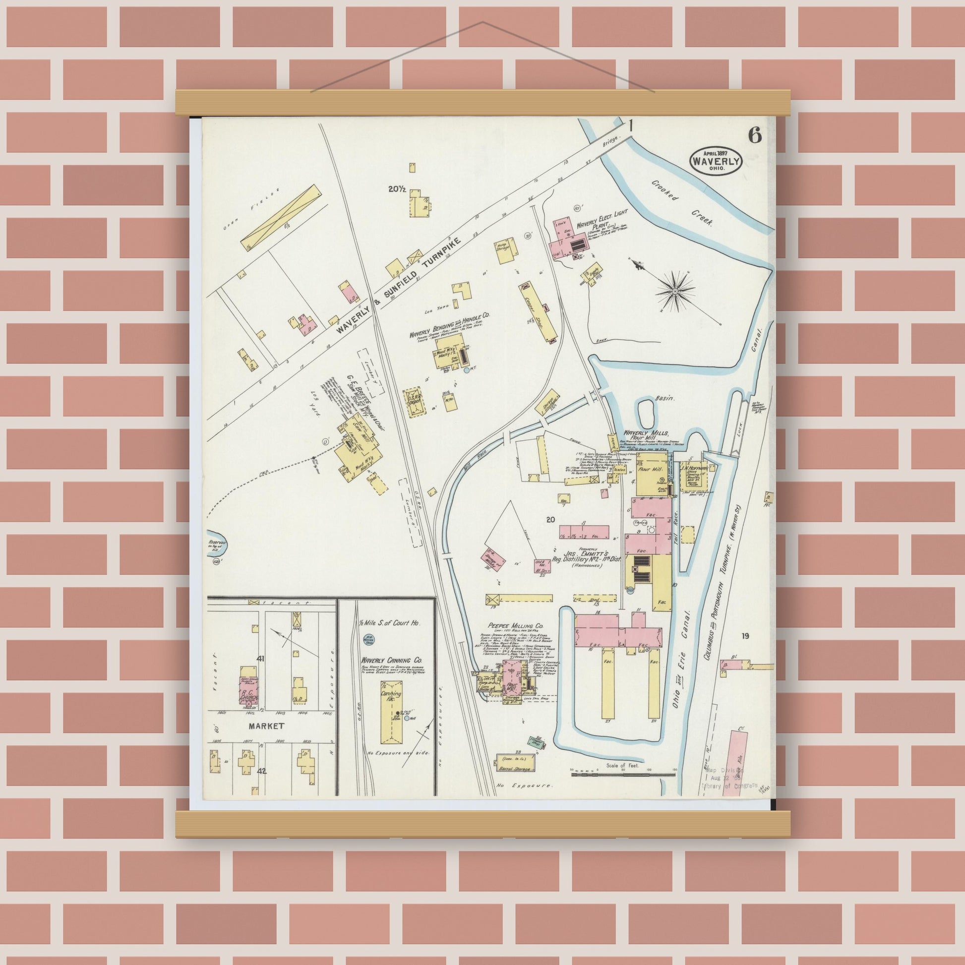 Old map wall art mockup — magnetic wood frame on brick wall — Sanborn Fire Insurance Map from Waverly, Pike County, Ohio (1897), Sheet #0006