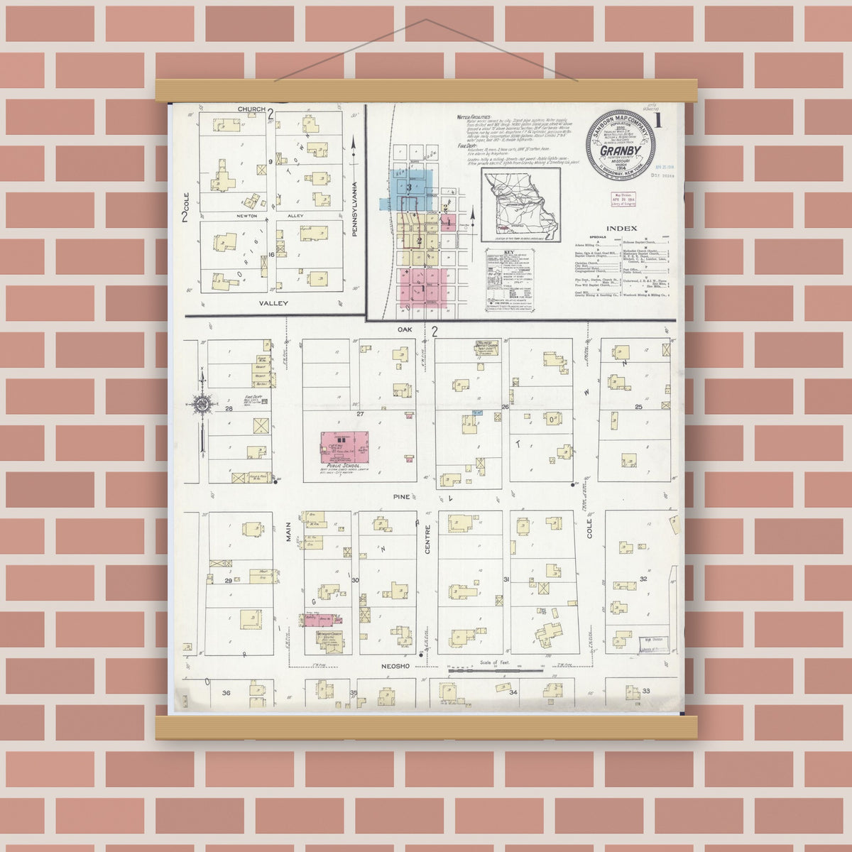 Old map wall art mockup — magnetic wood frame on brick wall — Sanborn Fire Insurance Map from Granby, Newton County, Missouri (1914), Sheet #0001