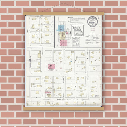 Old map wall art mockup — magnetic wood frame on brick wall — Sanborn Fire Insurance Map from Granby, Newton County, Missouri (1914), Sheet #0001