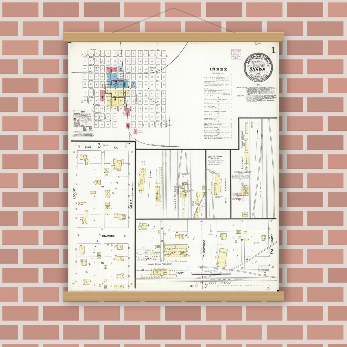 Old map wall art mockup — magnetic wood frame on brick wall — Sanborn Fire Insurance Map from Onawa, Monona County, Iowa (1907) â€” Complete Set