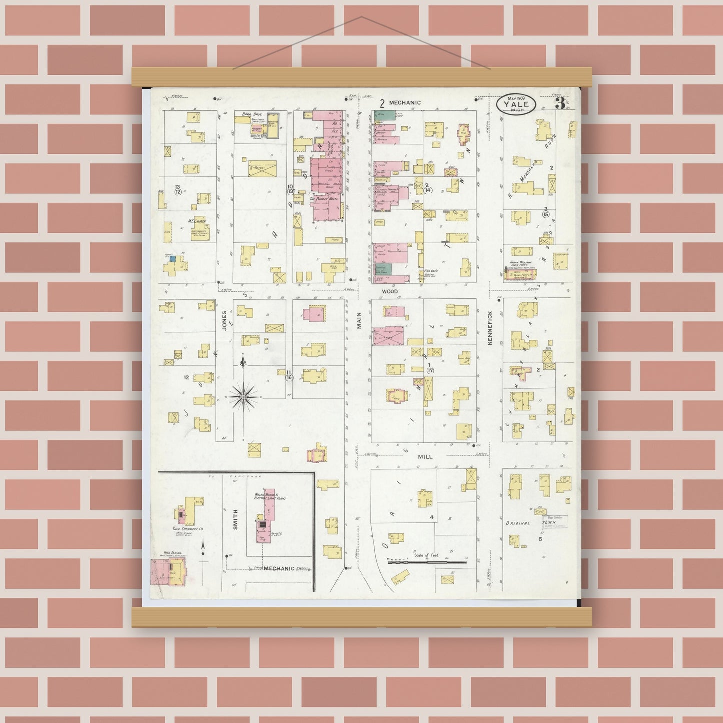 Old map wall art mockup — magnetic wood frame on brick wall — Sanborn Fire Insurance Map from Yale, Saint Clair County, Michigan (1909), Sheet #0003