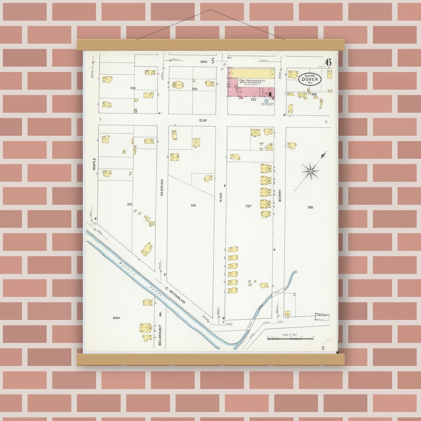 Old map wall art mockup — magnetic wood frame on brick wall — Sanborn Fire Insurance Map from Dover, Morris County, New Jersey (1909), Sheet #0006