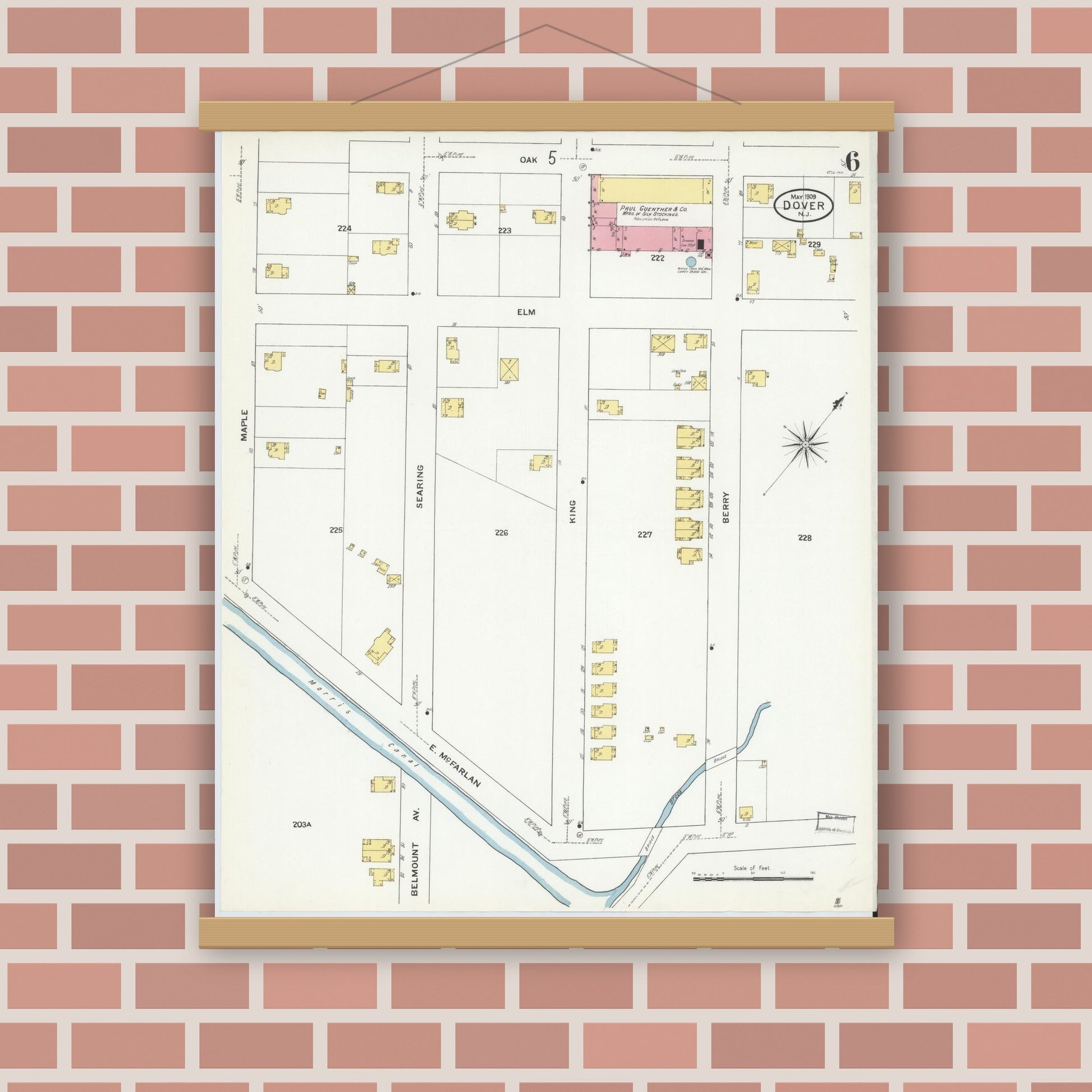 Old map wall art mockup — magnetic wood frame on brick wall — Sanborn Fire Insurance Map from Dover, Morris County, New Jersey (1909), Sheet #0006