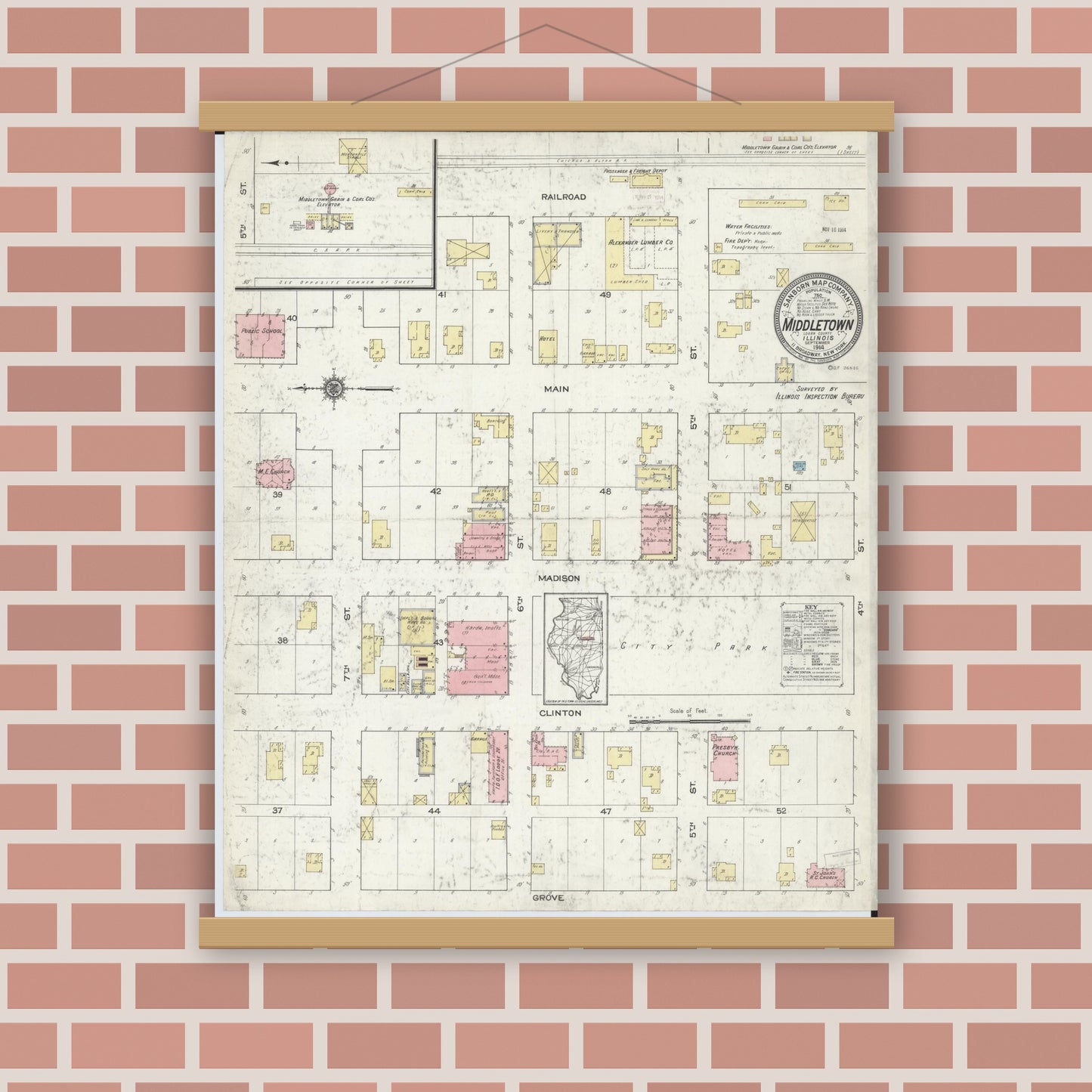 Old map wall art mockup — magnetic wood frame on brick wall — Sanborn Fire Insurance Map from Middletown, Logan County, Illinois (1914), Sheet #0001