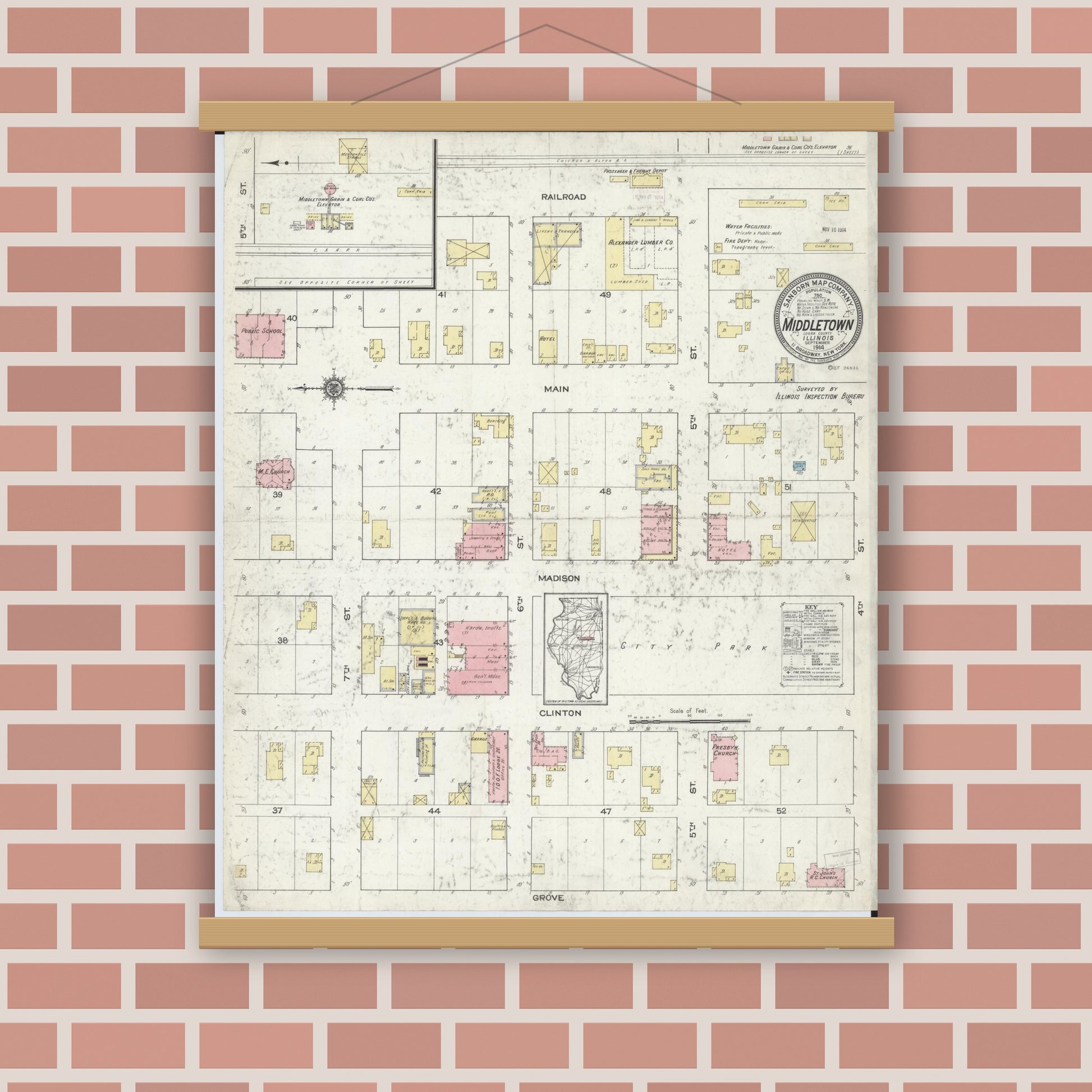 Old map wall art mockup — magnetic wood frame on brick wall — Sanborn Fire Insurance Map from Middletown, Logan County, Illinois (1914), Sheet #0001