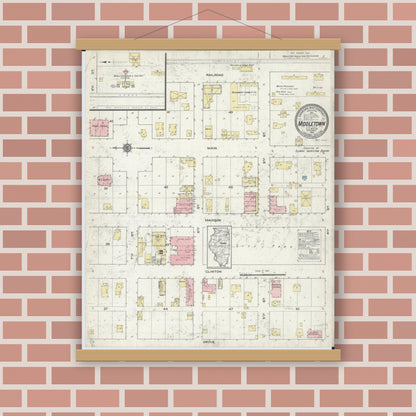 Old map wall art mockup — magnetic wood frame on brick wall — Sanborn Fire Insurance Map from Middletown, Logan County, Illinois (1914), Sheet #0001