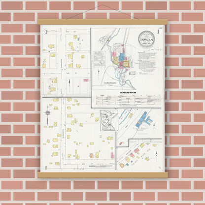 Old map wall art mockup — magnetic wood frame on brick wall — Sanborn Fire Insurance Map from Jordan, Scott County, Minnesota (1928), Sheet #0001