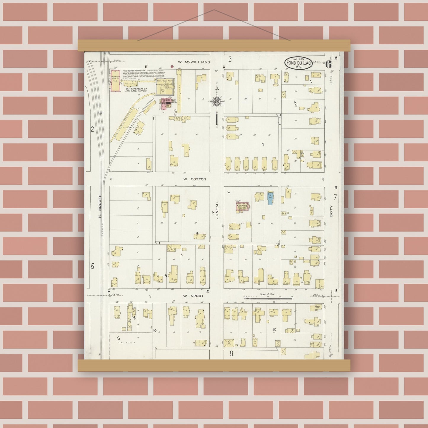 Old map wall art mockup — magnetic wood frame on brick wall — Sanborn Fire Insurance Map from Fond du Lac, Fond du Lac County, Wisconsin (1915), Sheet #0006