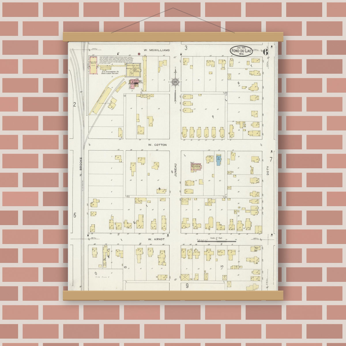Old map wall art mockup — magnetic wood frame on brick wall — Sanborn Fire Insurance Map from Fond du Lac, Fond du Lac County, Wisconsin (1915), Sheet #0006