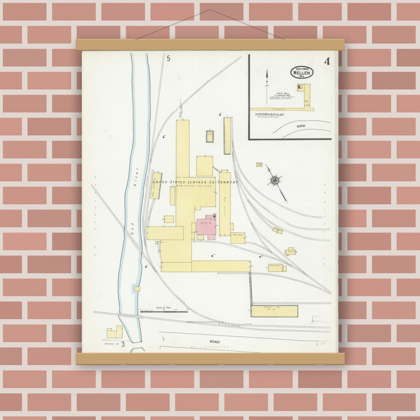 Old map wall art mockup — magnetic wood frame on brick wall — Sanborn Fire Insurance Map from Mellen, Ashland County, Wisconsin (1909), Sheet #0004