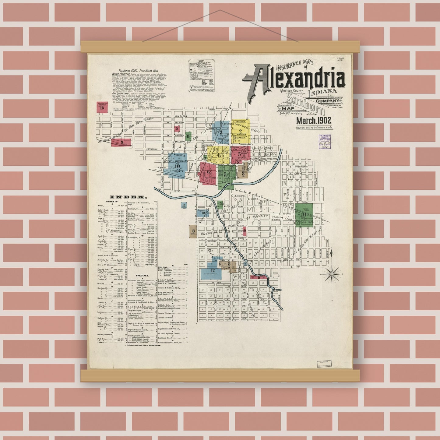 Old map wall art mockup — magnetic wood frame on brick wall — Sanborn Fire Insurance Map from Alexandria, Madison County, Indiana (1902), Sheet #0001