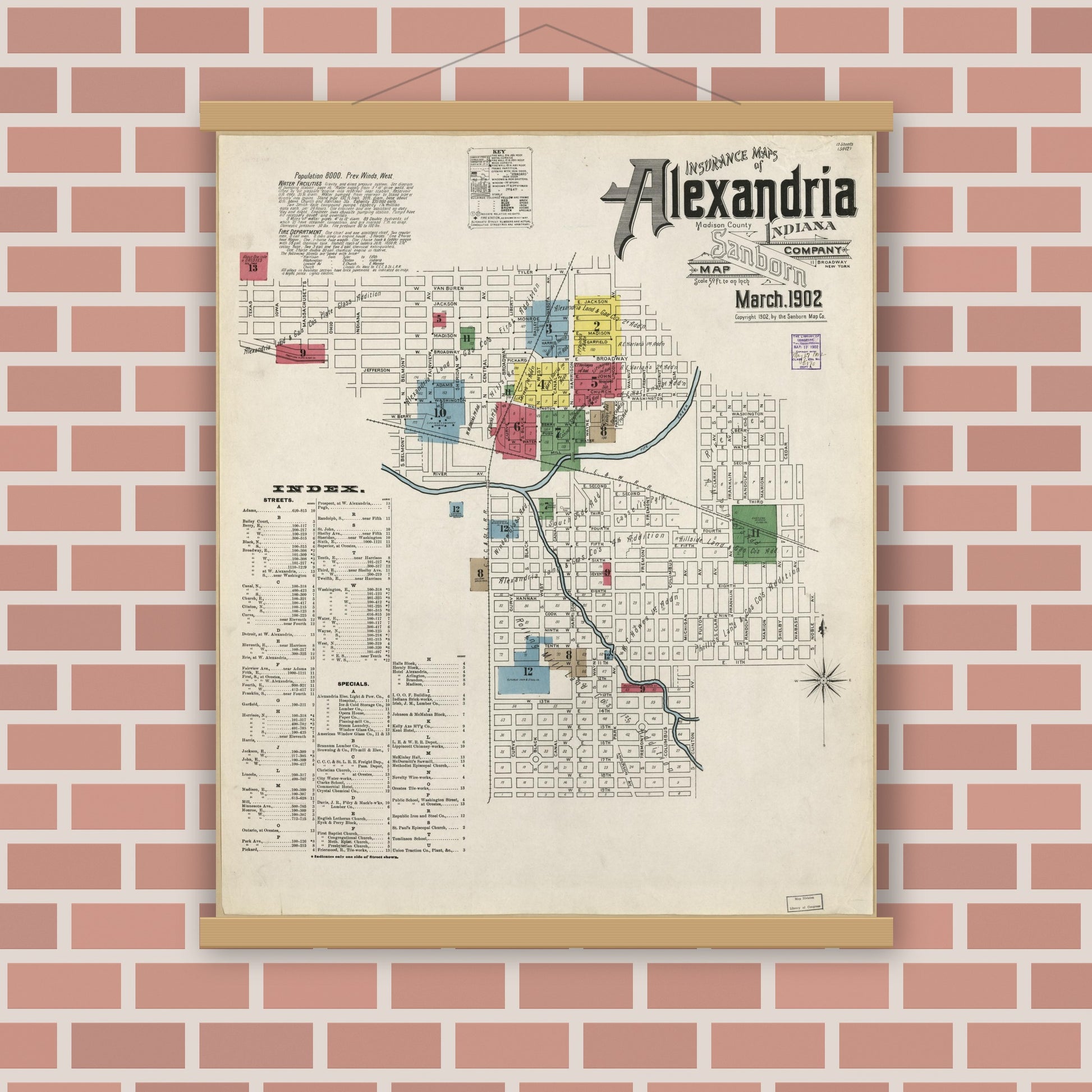 Old map wall art mockup — magnetic wood frame on brick wall — Sanborn Fire Insurance Map from Alexandria, Madison County, Indiana (1902), Sheet #0001
