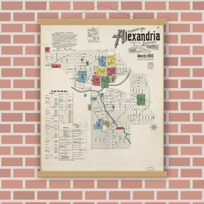 Old map wall art mockup — magnetic wood frame on brick wall — Sanborn Fire Insurance Map from Alexandria, Madison County, Indiana (1902), Sheet #0001