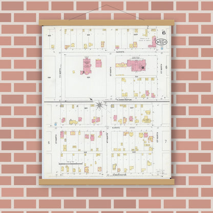 Old map wall art mockup — magnetic wood frame on brick wall — Sanborn Fire Insurance Map from New Ulm, Brown County, Minnesota (1905), Sheet #0006