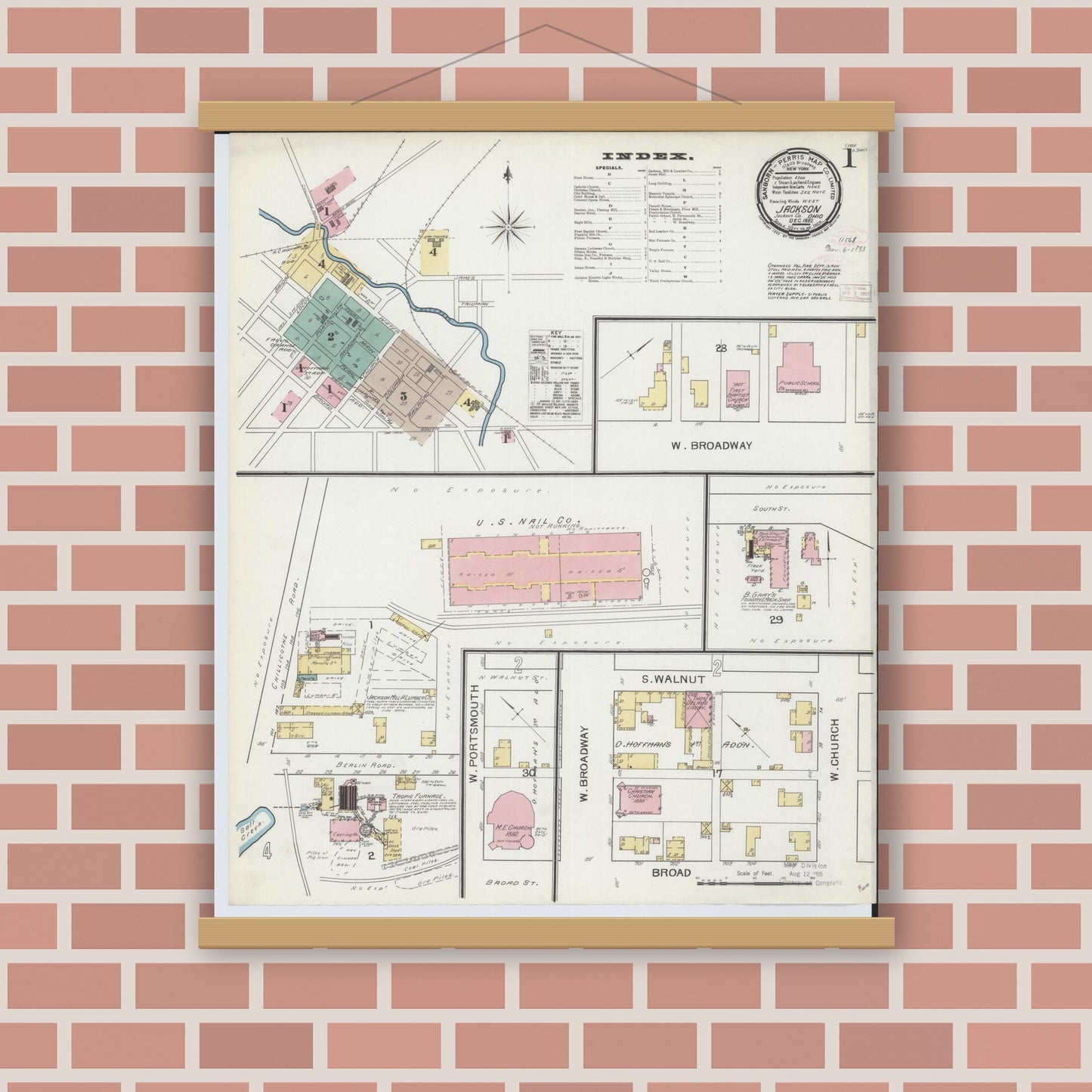 Old map wall art mockup — magnetic wood frame on brick wall — Sanborn Fire Insurance Map from Jackson, Jackson County, Ohio (1892), Sheet #0001
