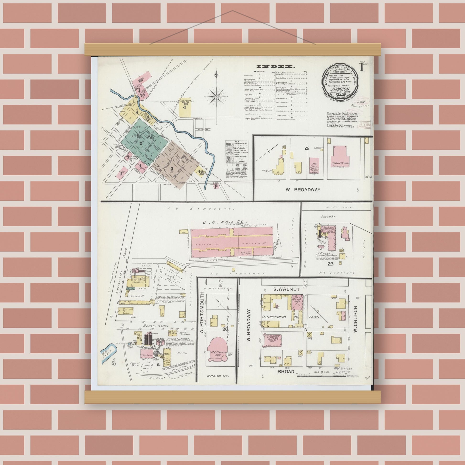 Old map wall art mockup — magnetic wood frame on brick wall — Sanborn Fire Insurance Map from Jackson, Jackson County, Ohio (1892), Sheet #0001