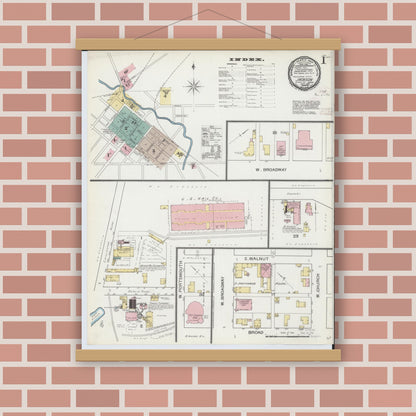 Old map wall art mockup — magnetic wood frame on brick wall — Sanborn Fire Insurance Map from Jackson, Jackson County, Ohio (1892), Sheet #0001