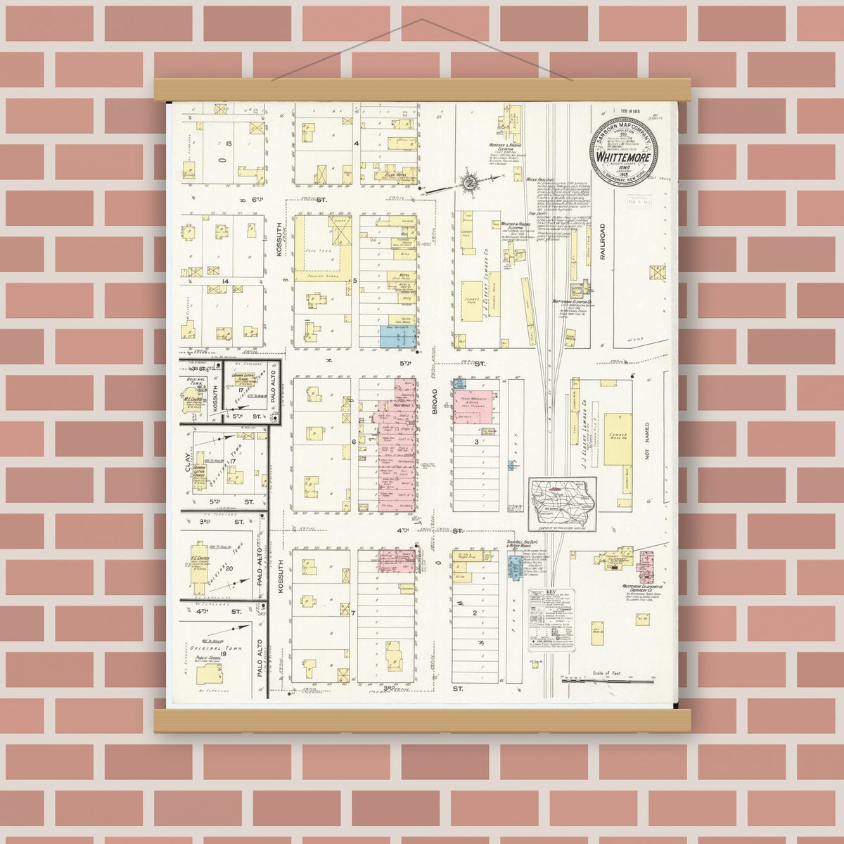Old map wall art mockup — magnetic wood frame on brick wall — Sanborn Fire Insurance Map from Whittemore, Kossuth County, Iowa (1915), Sheet #0001