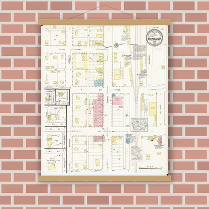 Old map wall art mockup — magnetic wood frame on brick wall — Sanborn Fire Insurance Map from Whittemore, Kossuth County, Iowa (1915), Sheet #0001