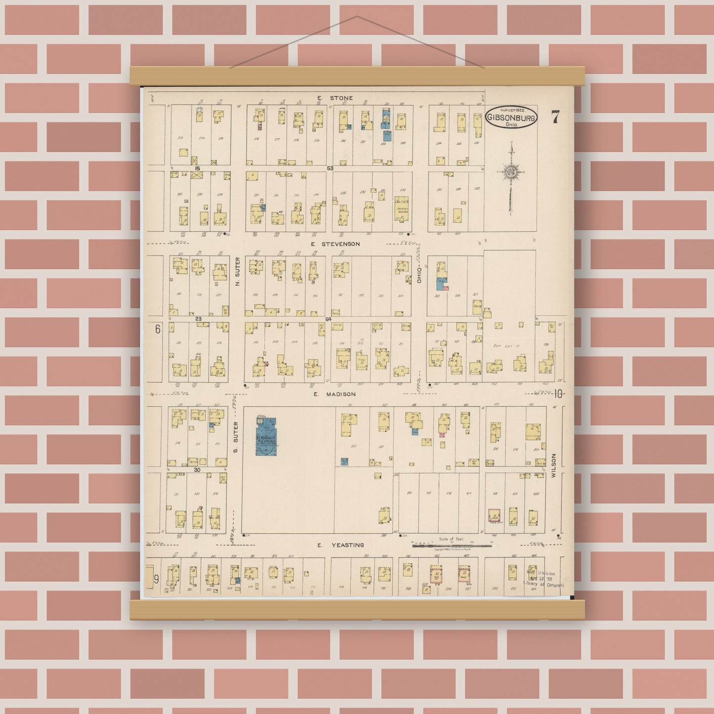 Old map wall art mockup — magnetic wood frame on brick wall — Sanborn Fire Insurance Map from Gibsonburg, Sandusky County, Ohio (1922), Sheet #0007