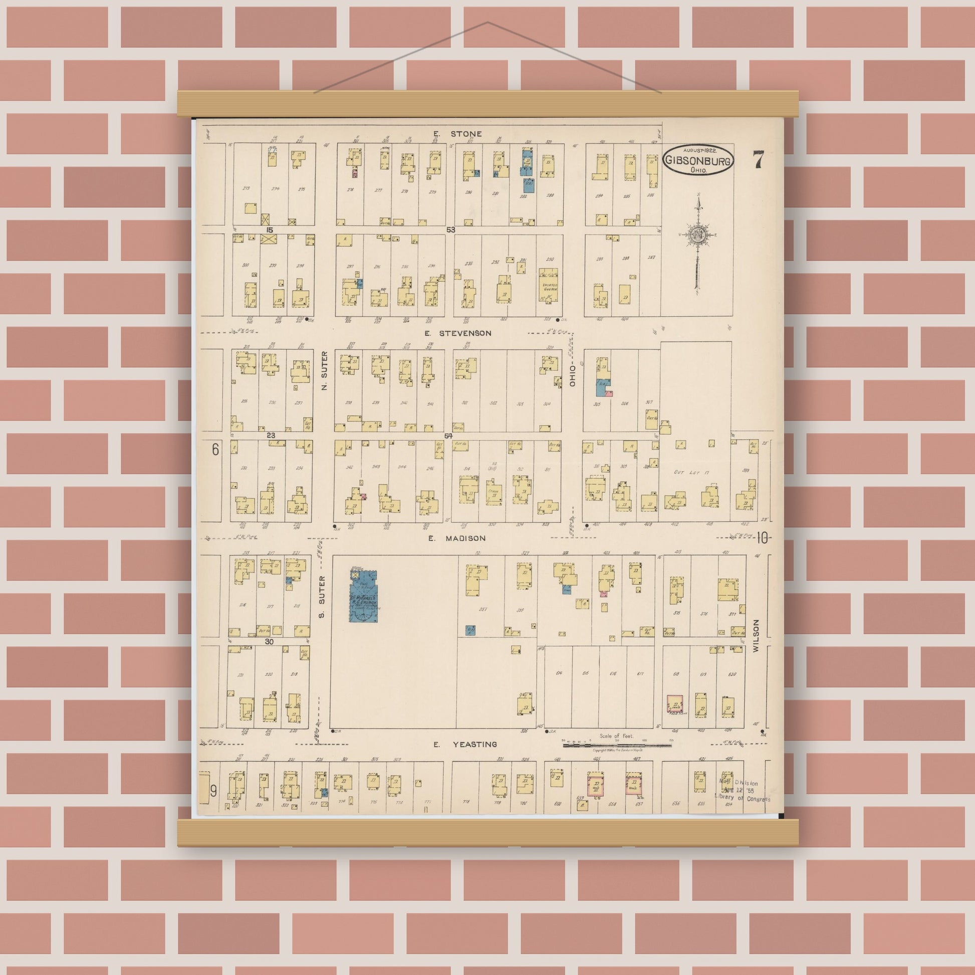 Old map wall art mockup — magnetic wood frame on brick wall — Sanborn Fire Insurance Map from Gibsonburg, Sandusky County, Ohio (1922), Sheet #0007