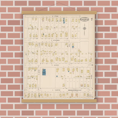 Old map wall art mockup — magnetic wood frame on brick wall — Sanborn Fire Insurance Map from Gibsonburg, Sandusky County, Ohio (1922), Sheet #0007