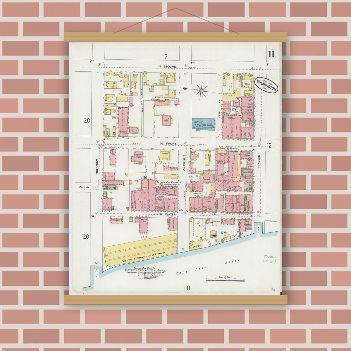Old map wall art mockup — magnetic wood frame on brick wall — Sanborn Fire Insurance Map from Wilmington, New Hanover County, North Carolina (1898), Sheet #0011