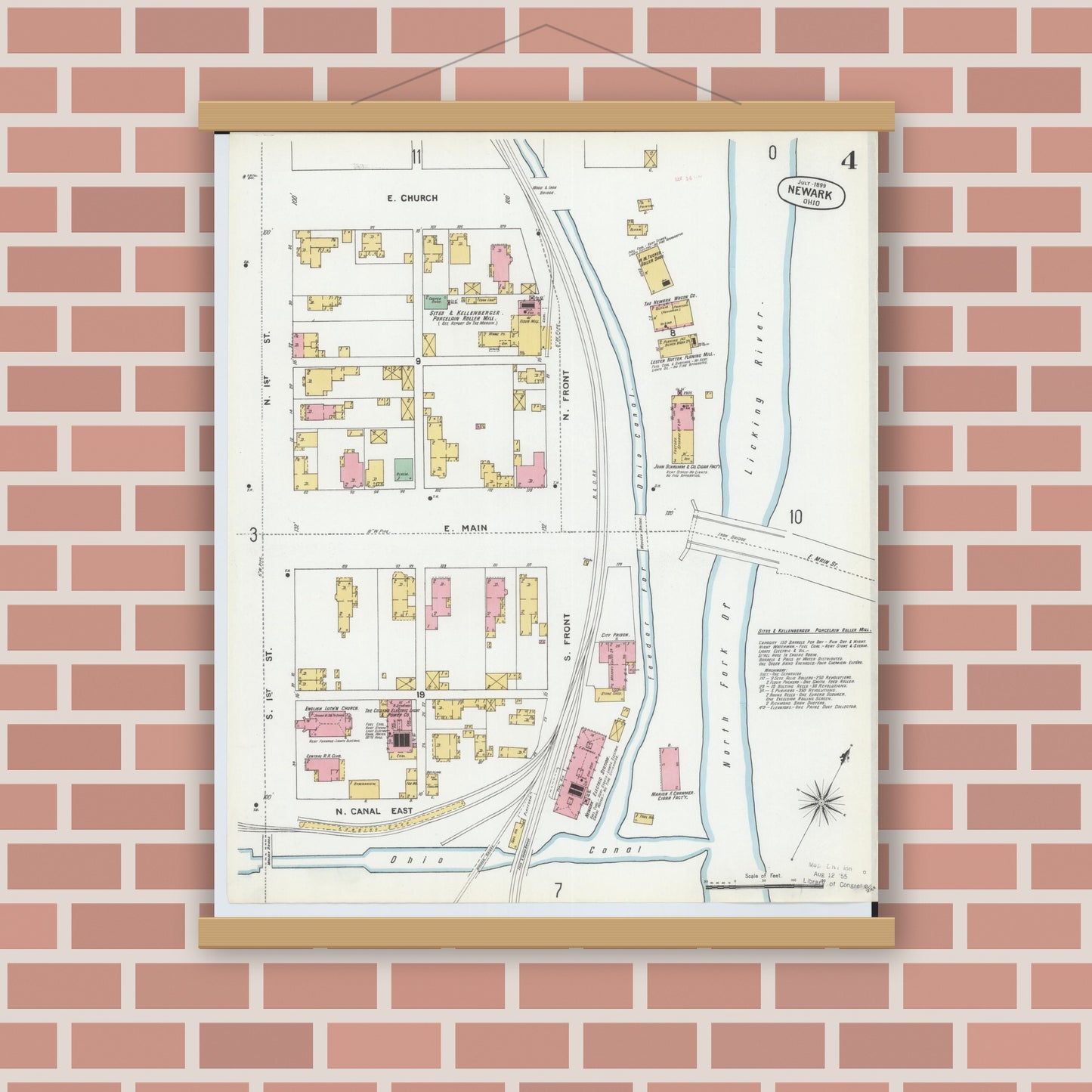 Old map wall art mockup — magnetic wood frame on brick wall — Sanborn Fire Insurance Map from Newark, Licking County, Ohio (1899), Sheet #0004